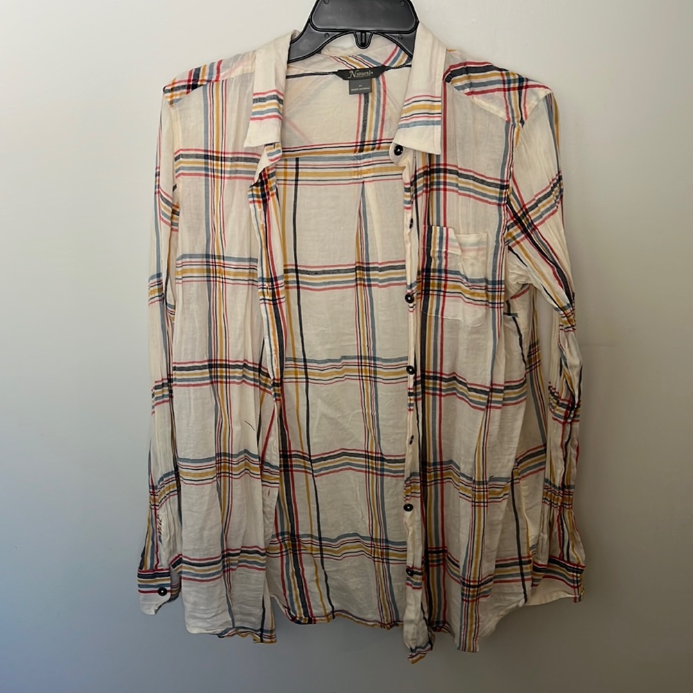 Plaid cream button down blouse.